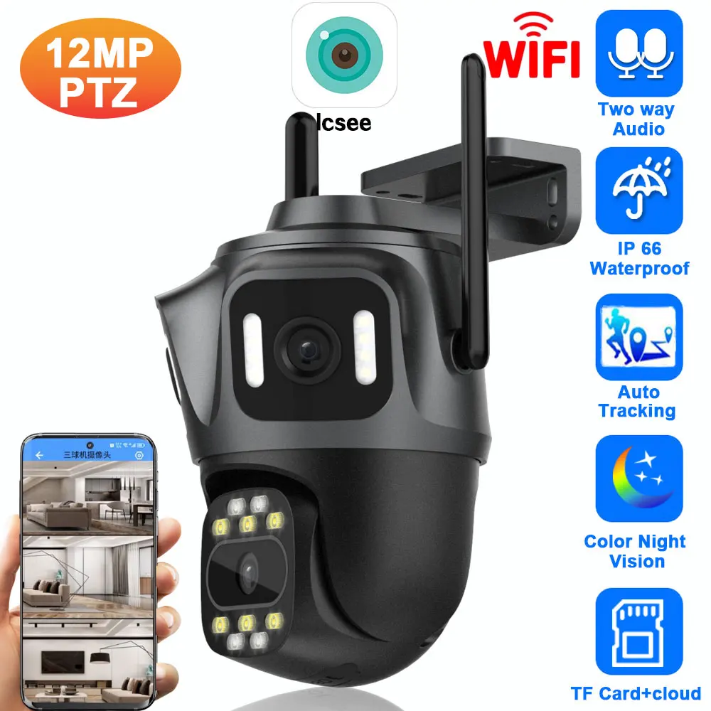 

6K Three Lens Three Screen WIFI IP Security Camera Outdoor Auto Tracking ICsee Wireless CCTV Surveillance Camera 2 Way Audio