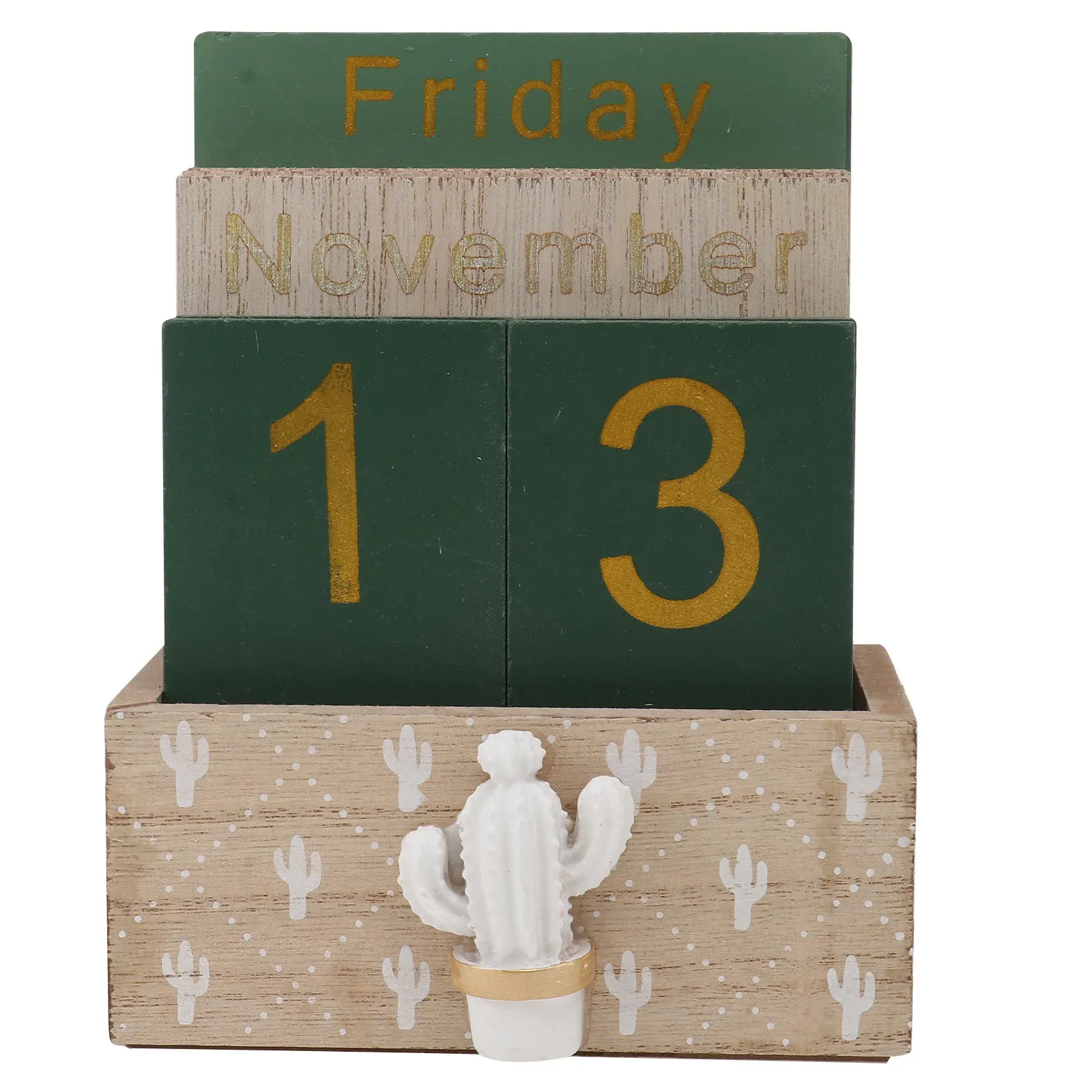 1Set Cactus-Shaped Wooden Desktop Calendar Ornament Simple Elegant Table Decor for Office Home Restaurant Mini Time Planning