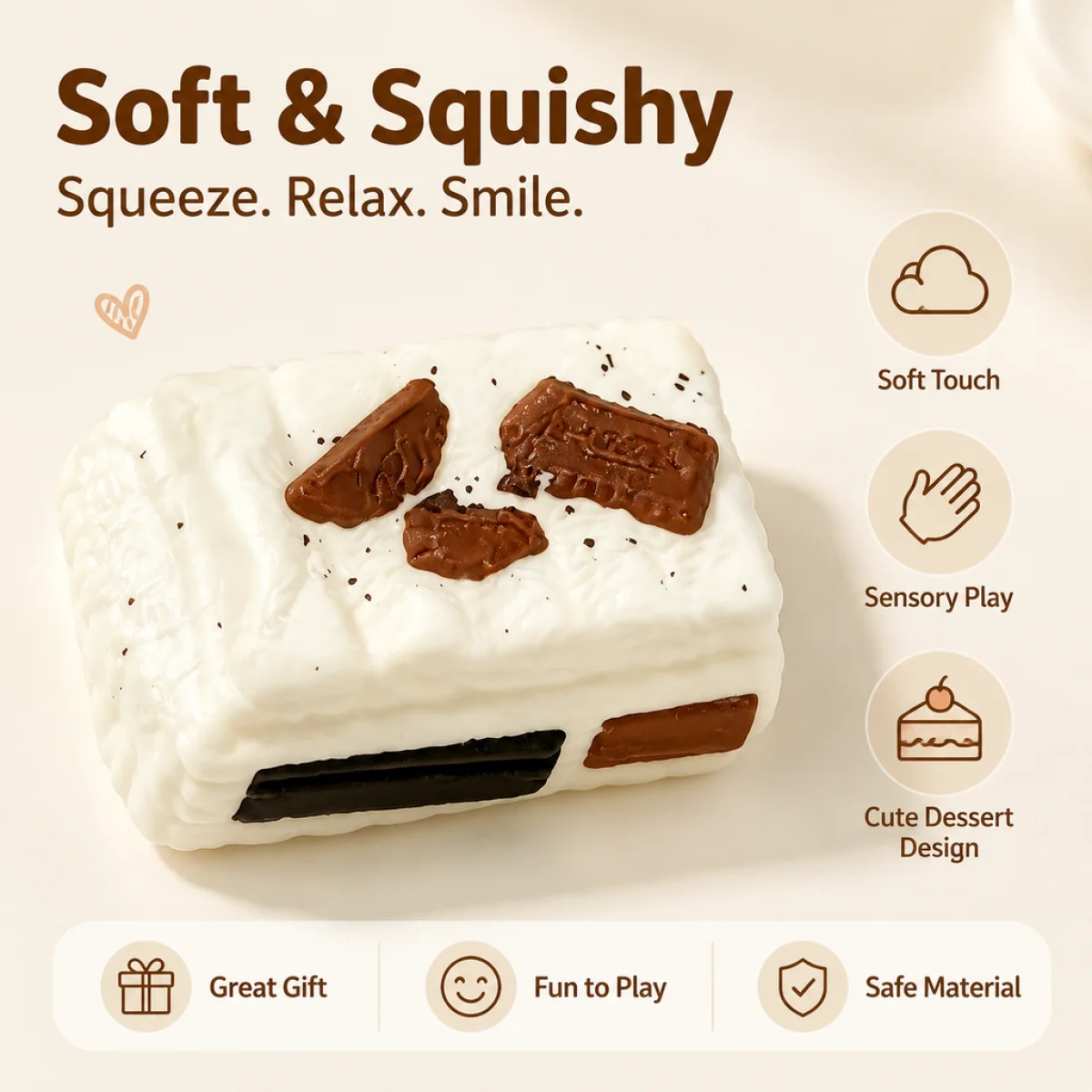 Textured Square Snack Shaped Fidget Squishy Toy Non Toxic Food Grade Silicone Stress Reliever Toy Realistic Pastry Squeeze Toy