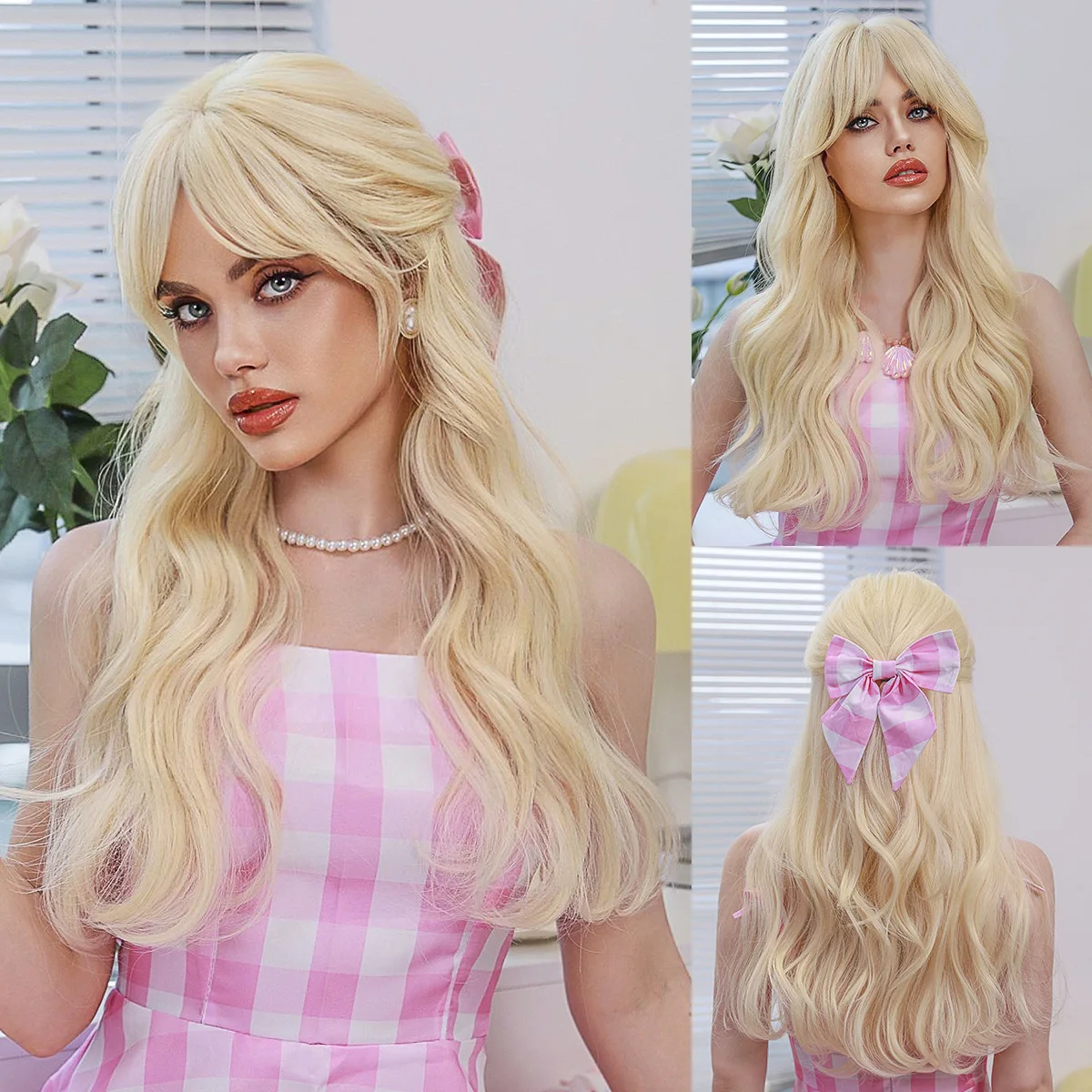 

Hot-selling gold Barbie Cosplay wig in Europe and America, long curly hair, eight-character bangs, high-quality chemical fiber C