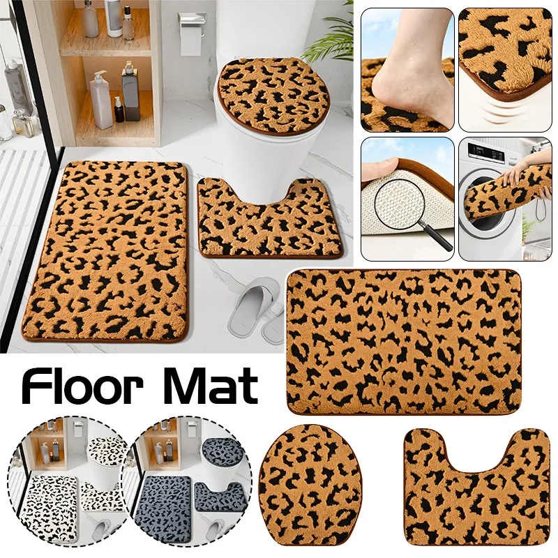 Leopard Bathroom Mat Plush Floor Rug Toilet Seat Cover U-Shaped Mat Dirt Resistant Quick Drying Entrance Door Mat Home Decor