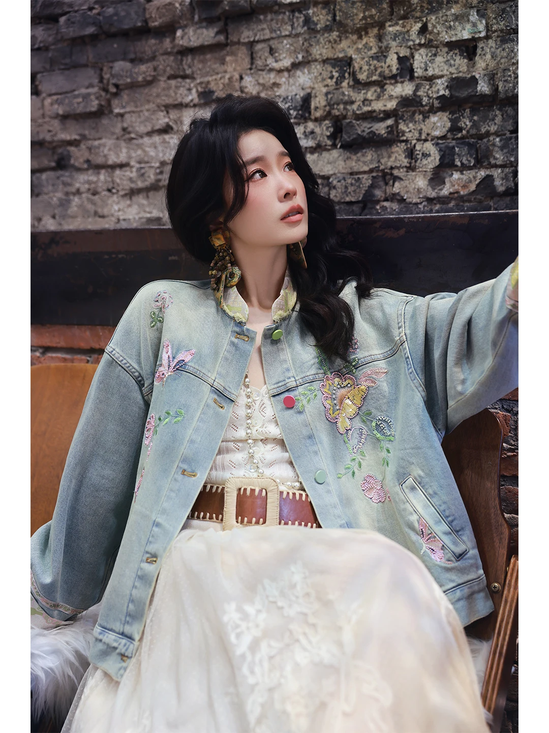 

Dangdang Somes Spring Trace Sequin Embroidered Waed Vintage Denim Jaet Women's Patchwork Stand Fit Cotton Blend