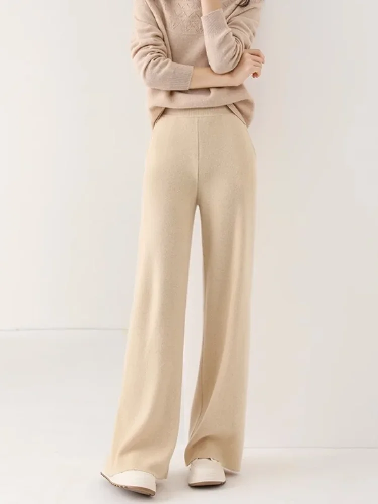 Wool Women's Wide-Leg Pants Fall/Winter High Waist Dropping Sliding Casual Loose Straight Wool Knited Mop Trousers Outer Wear