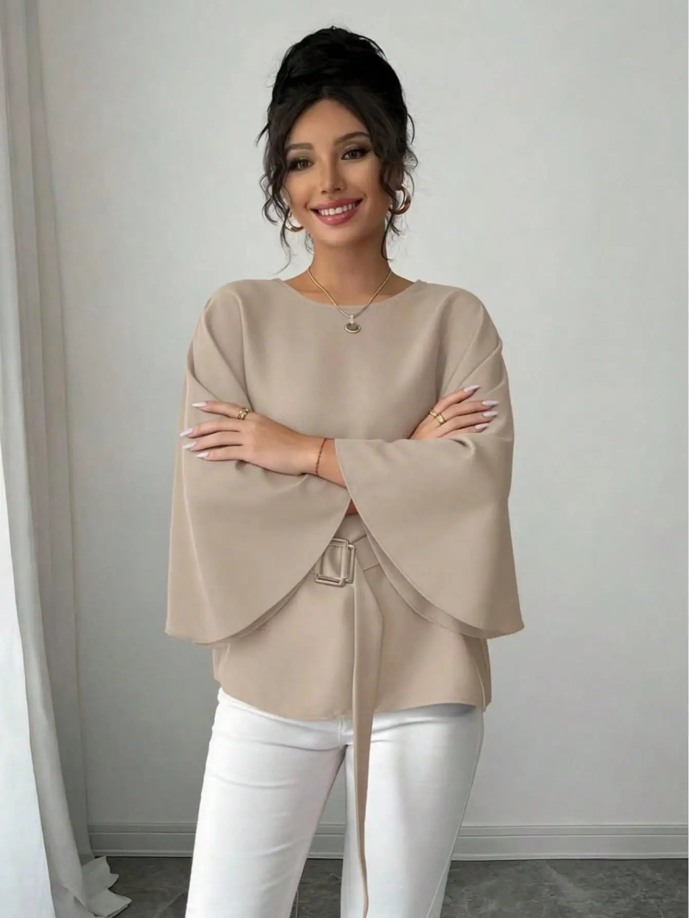 Solid Color Crew Neck Oversized Batwing Bell Sleeve Shirt Adjustable Buckle Waist Belt Wrap Front Irregular Split Hem Elegant Of