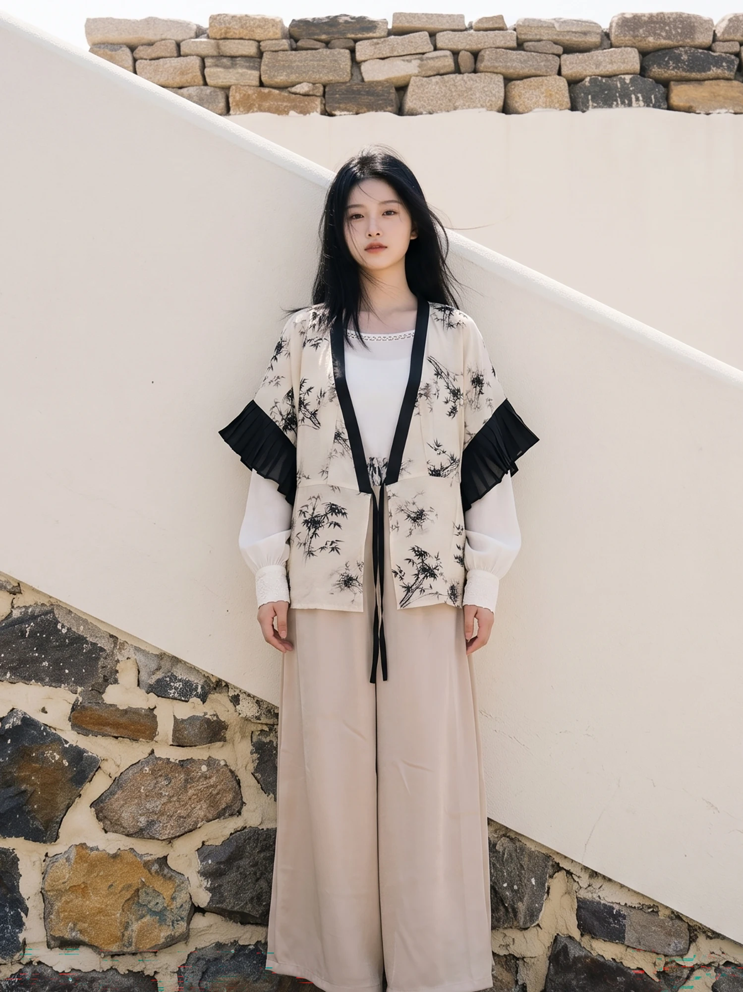 XiaoLu Water Original Design Hanfu Women's Autumn Inner Wear Right Slant Collar Forest Scenery Short Sleeve V-neck Top