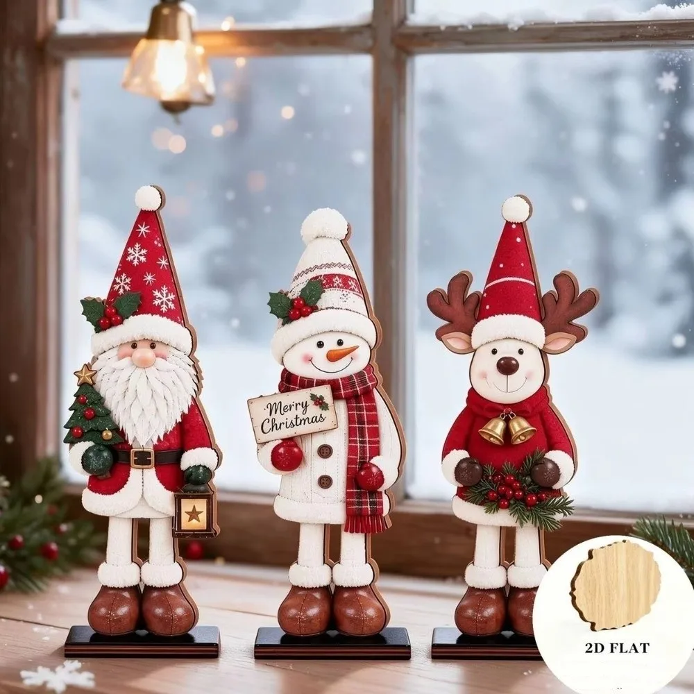 3Pcs Thickened Wooden Christmas Tabletop Ornaments 2D Flat Painted Santa Snowman Reindeer Figurines Set Vintage Stable Base