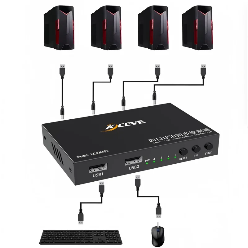 KCEVE 4 Ports USB Synchronizer,4 in 2 out USB2.0 Keyboard Mouse Synchronous Controller Aluminum Alloy KVM Switcher for Windows