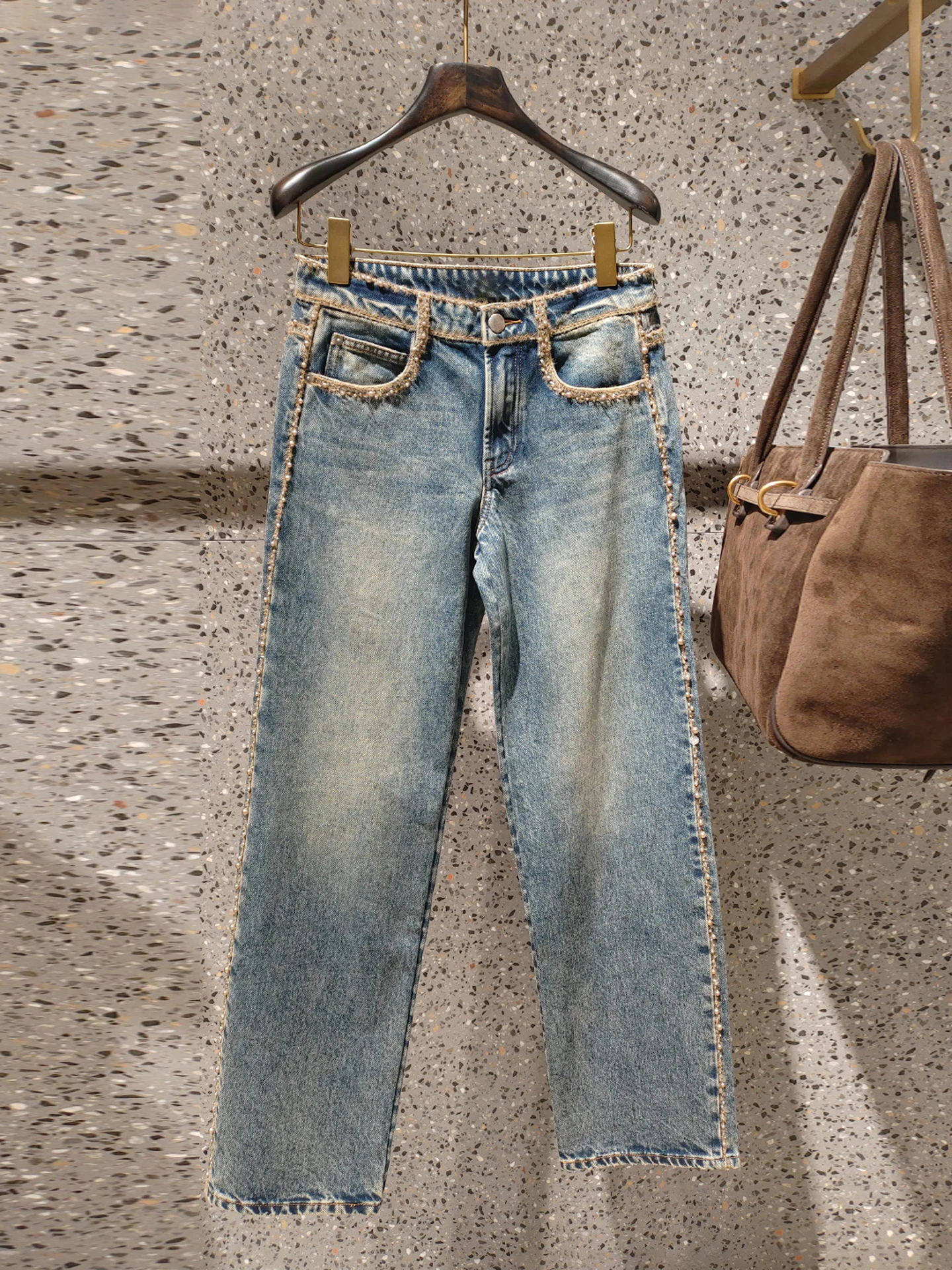 Denim jeans met hoge taille en rechte pijpen Premium Faion Design Sensation Waed out Diamond Embellied Casual broek voor dames