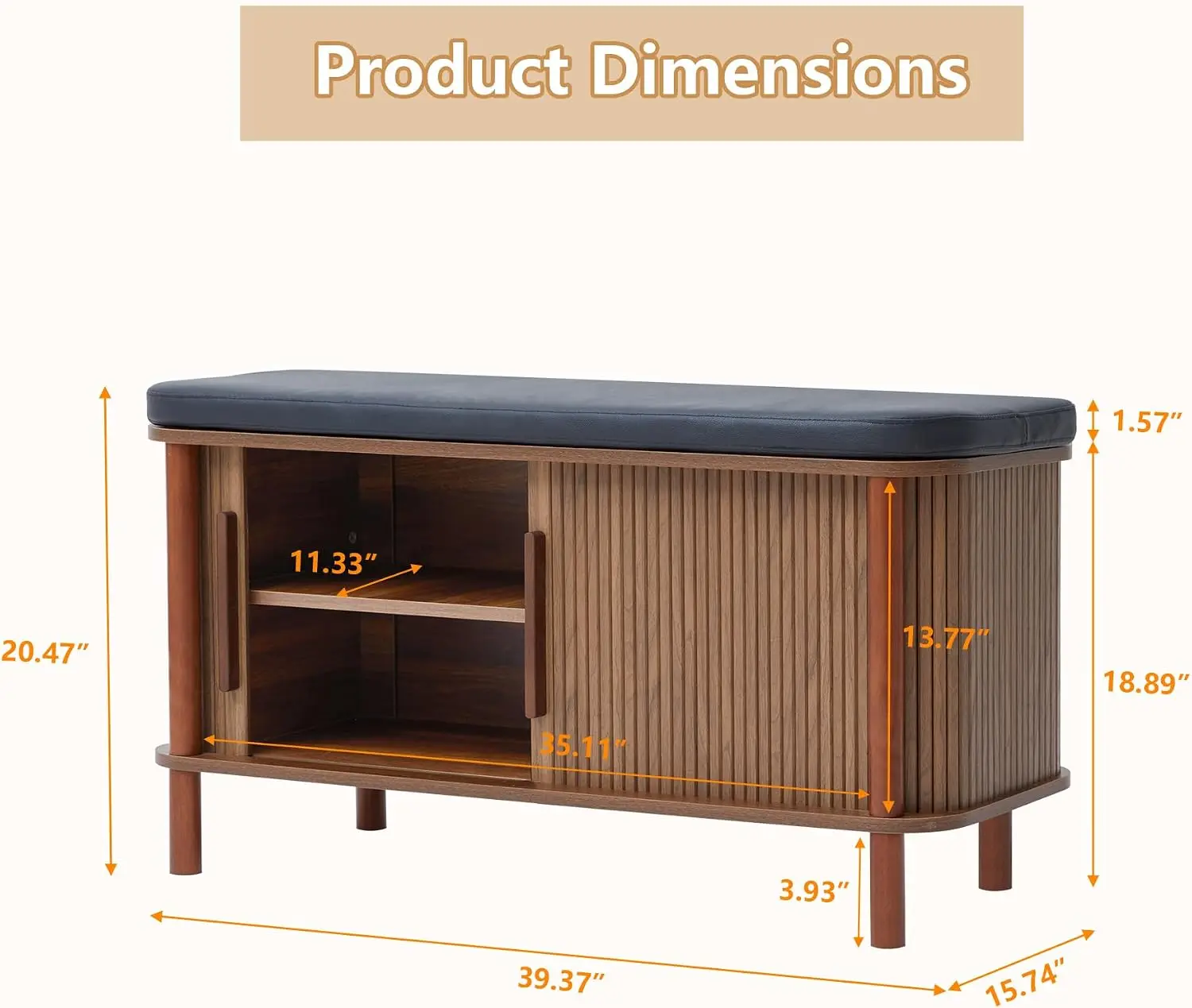 Shoe Bench Entryway Storage Cabinet Organizer, Modern Wooden Shoe Changing Stool Footrest With Leather Cushion And Sliding Door For Hallway Living Room Bedroom Decor, Walnut