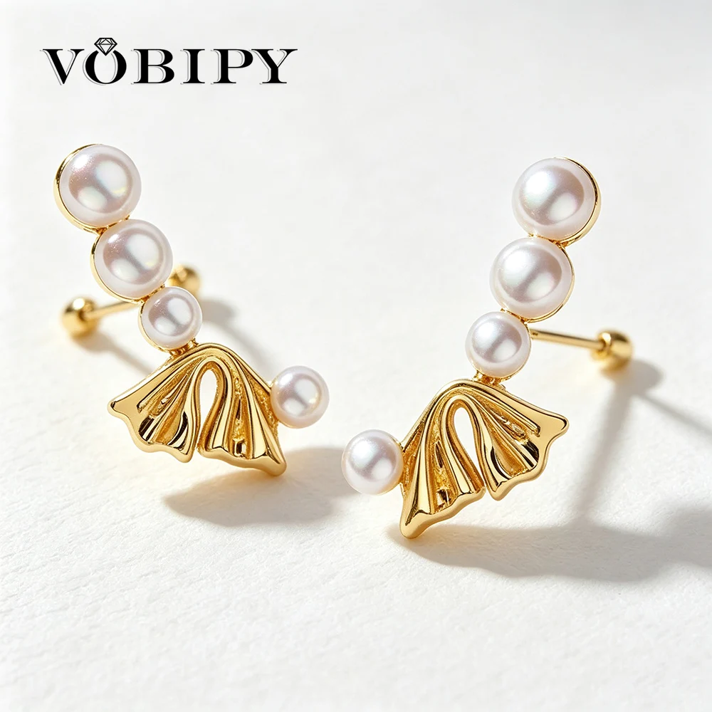 VOBIPY Bow Knot Shell Pearl Earring For Women Earrings 925 Sterling Silver Wedding Party Gifts Fashion Jewelry Crawler Earrings