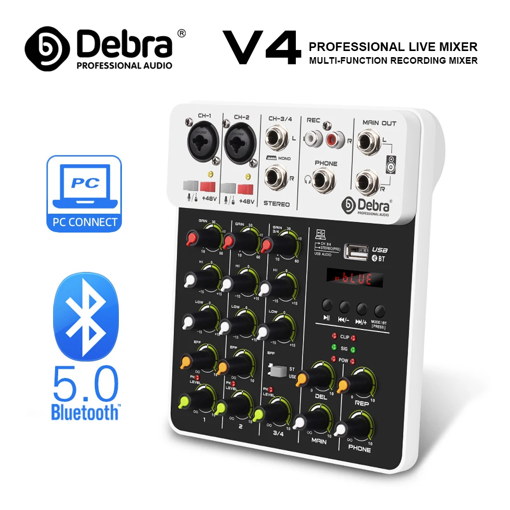 

V4 4 Channels Audio Mixer With Bluetooth USB 48V Phantom Power Delay Repaeat Effect For Sound Mixing Console PC Recording