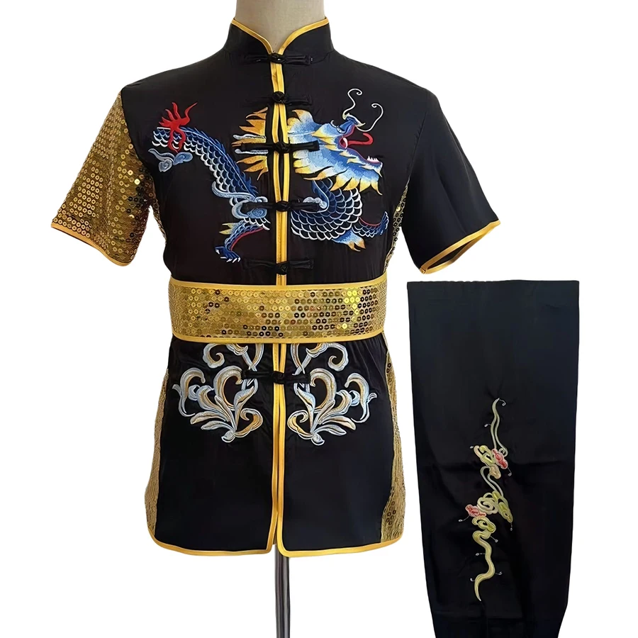 Chinese Children Kung Fu Uniform Wushu Dragon Embroidery Sequin Martial Arts Training Exercise Practice Stage Performance