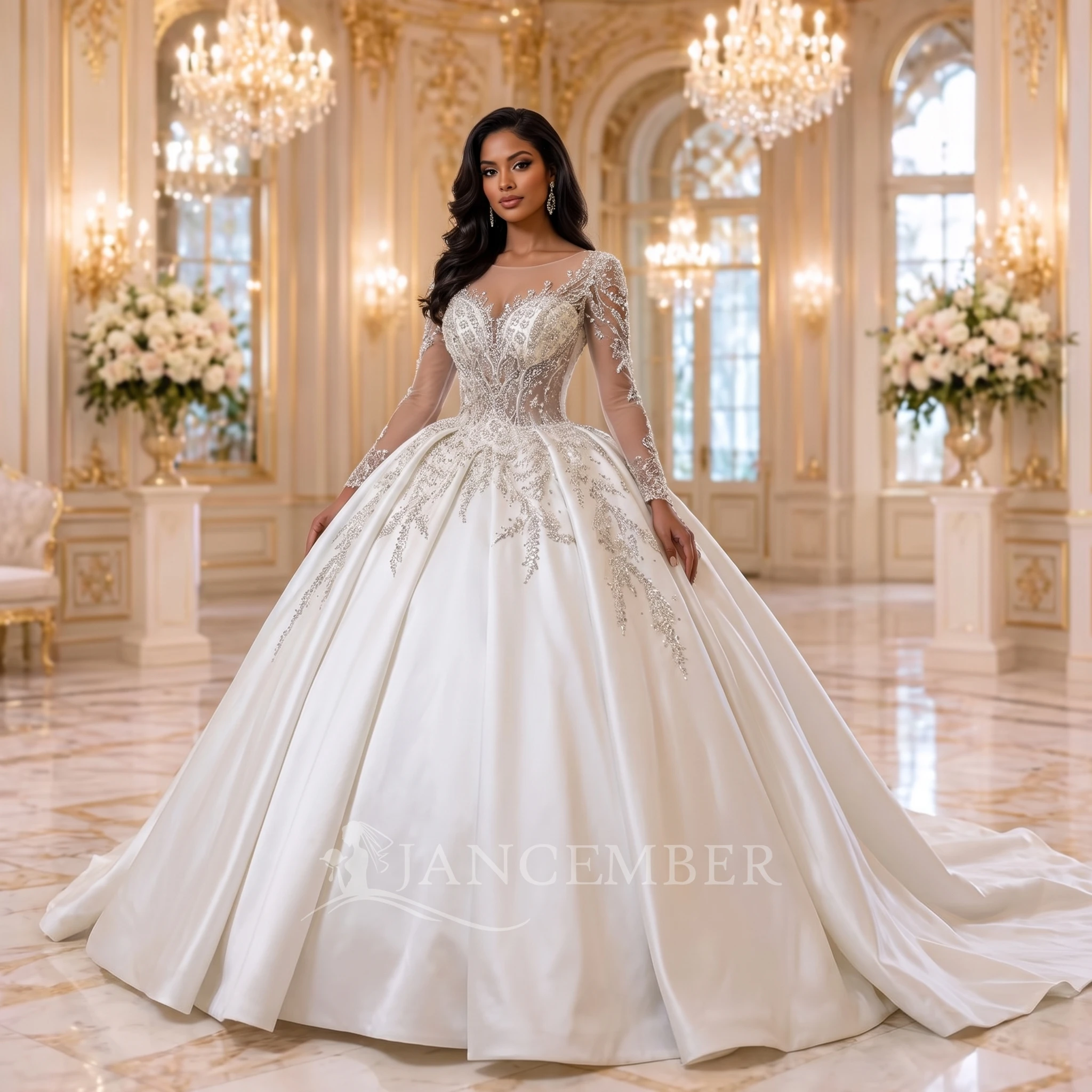Customized Long Sleeves Beaded Lightweight Wedding Dress for Travel Ball Gown Sweep Train Lace Up Bridal Gown Vestidos de novia