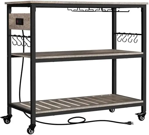 Kitchen Island Cart with Power Outlet, Kitchen Carts on Wheels with Storage, 3-Tier Microwave Stand with Foodpads