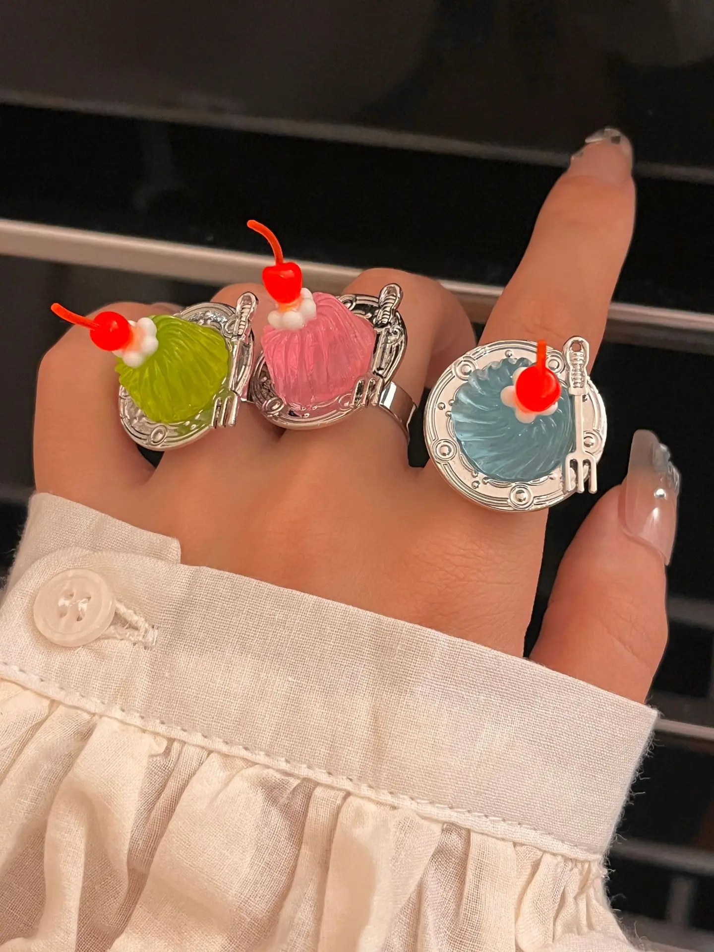 Solid Color Jelly Cherry Cake Metal Ring for Women Girl Wedding Party Trendy Chunky Cute Jewelry Gift HUANZHI 2023 NEW