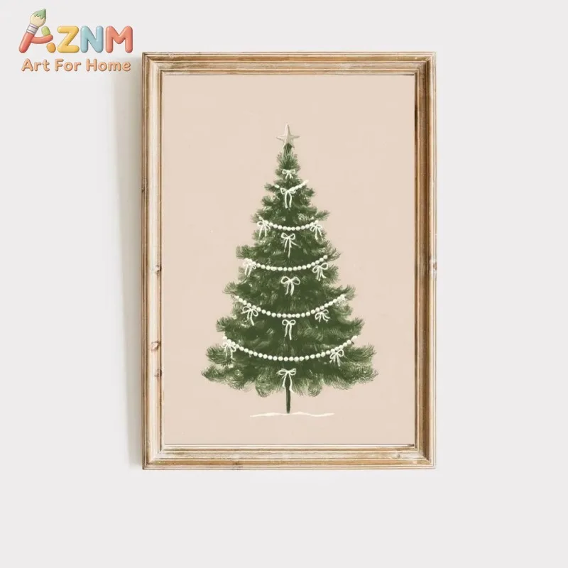 Christmas Tree Canvas Wall Art Bow Pearl Garland Design Simple Elegant Xmas Holiday Home Wall Print Unframed Canvas Poster