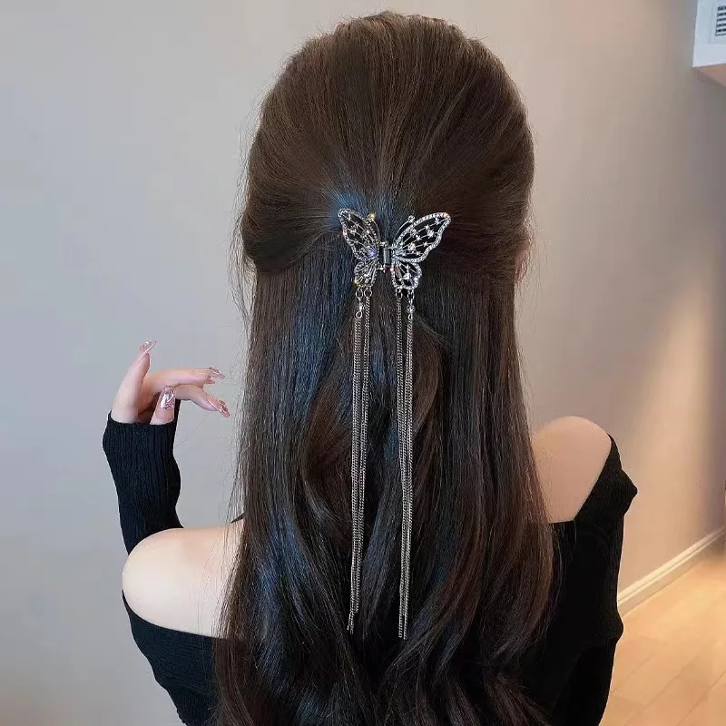 Retro Hollow Butterfly Tassel Hairpin Korean Girl Rhinestone Ponytail Hair Grabber Elegant Pearl Hair Accessories for Women