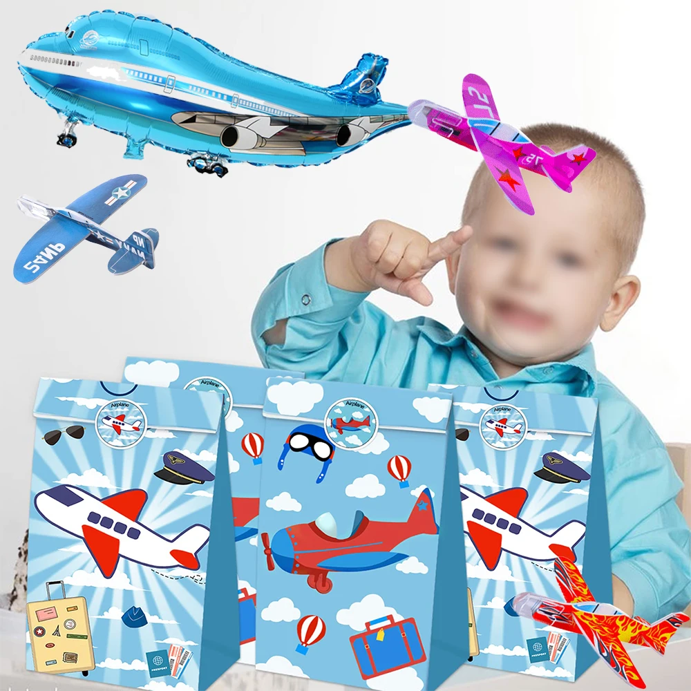 Airplane Birthday Party Paper Candy Bag with Sticker Cartoon Plane Gift Goodies Bags Kids Aviator Flight Theme Party Decorations