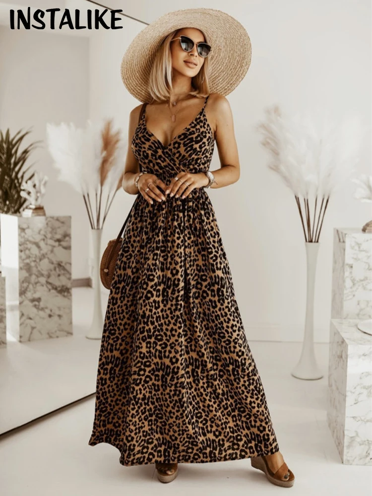 

Women's Leopard Print Folds Midi Dress,Spaghetti Straps,Deep V Neck,Sexy, Hot Girl,Elegant Clubwear,Luxury Long Dress,Beachwear