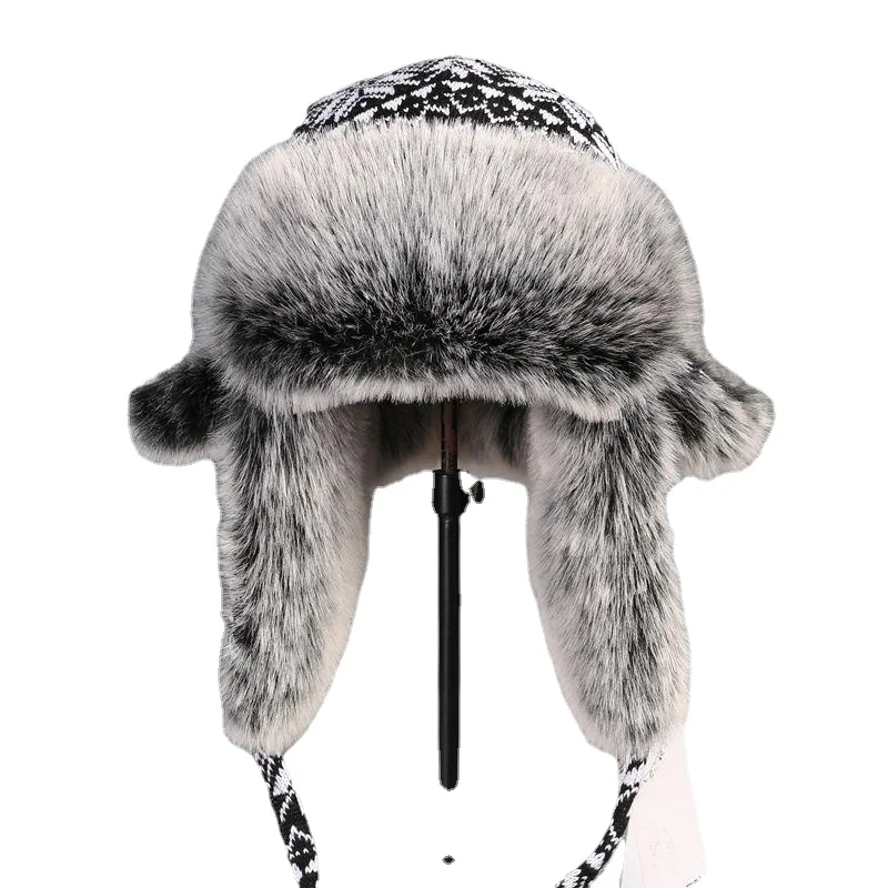 Russian Fur Hat Ushanka Black White Bomber Hats Male Female Ear Flaps Winter Thick Warm Knitting Outdoor Trapper Hat