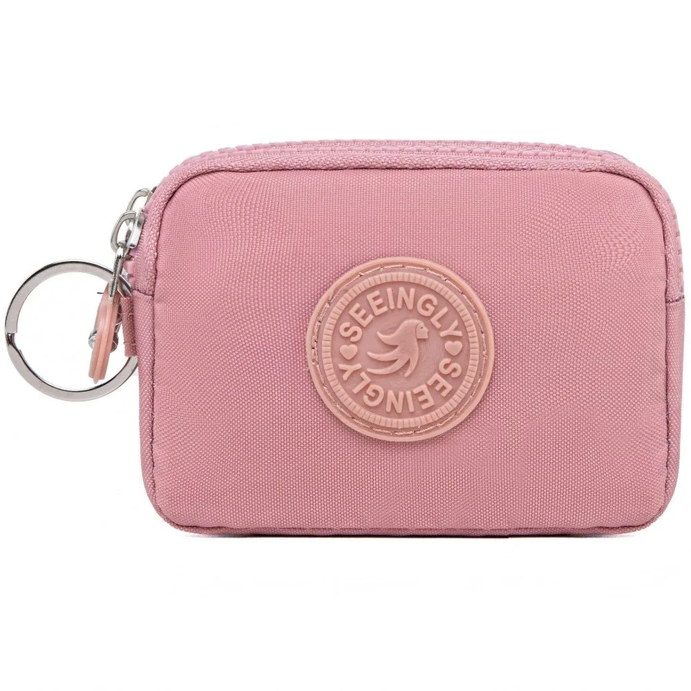 

New Double Layer Women Wallet Solid Color with Keychain Coin Purse Waterproof Nylon Zipper Clutch Bag Outdoor