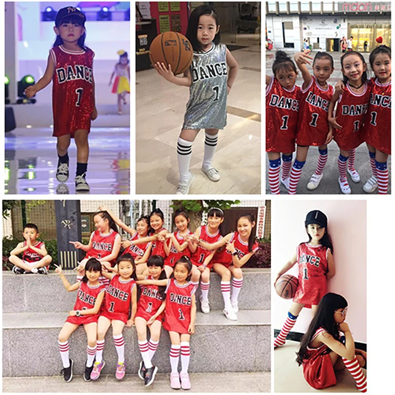 Sequin Jazz Dance Costume Child Summer Girls Hiphop Tshirt Tee Shirt Korean Style Dress Girls Kids Long Modern Hip Hop Costume