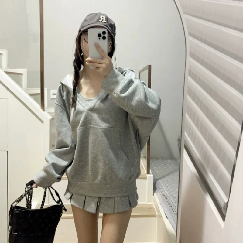 With Hat Hoodies Women Autumn Girls Harajuku Pockets Design Pullover Solid Leisure Daily All-match Chic Retro Streetwear Ulzzang