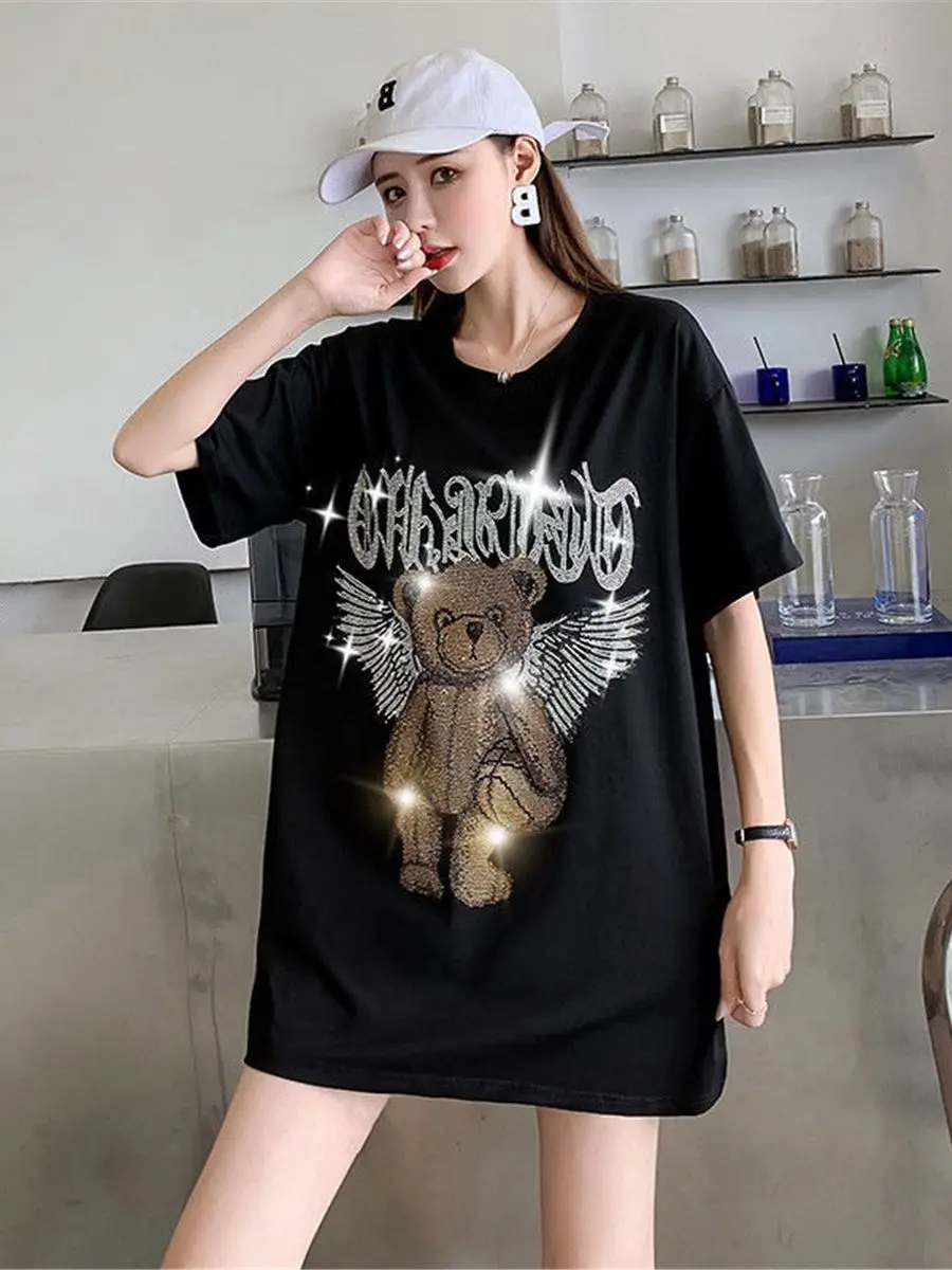 Śliczne Ulzzang cekiny Tshirt Streetwear lato luźne góra Hip Hop ubrania z nadrukami kobiety główna ulica nadruk niedźwiedzia t-shirty dziewczyna