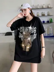 Cute Ulzzang Sequins Tshirt Streetwear Summer Loose Tops Hip Hop Cartoon Clothes Women High Street Bear Print T Shirts Girl