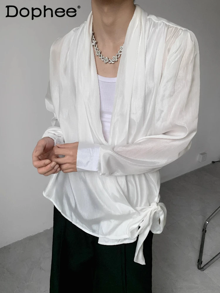 

Men's 2025 Autumn Winter New Fashion Lace-Up Design Long Sleeve Tops Trend Chiffon Shirts Men's Elegant V-Neck Chic Satin Shirts