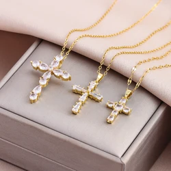 New Super Sparkly Zircon Crystal Cross Pendant Necklaces For Women Trendy Female Stainless Steel Neck Chain Jewelry Wholesale