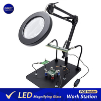 LED Magnifying Glass Work Station 5X Illuminated Magnifier With Magnetic Base Flexible Arms PCB Holder for Electronics Soldering