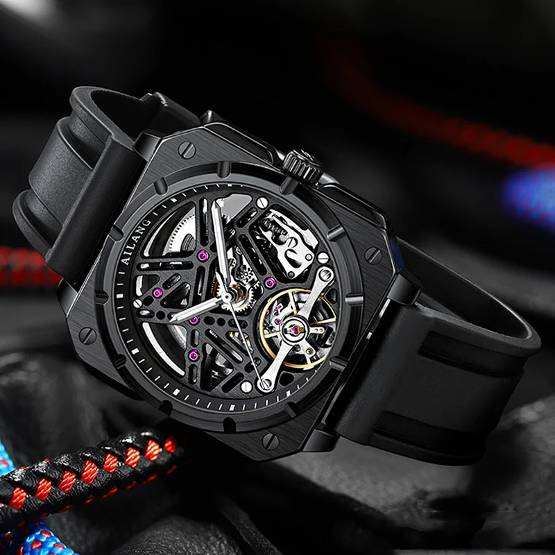 AILANG Square Skeleton Dial Mechanical Watches Automatic Mens Watches Luxury Original Rubber Tourbillon Clock Watch for Men