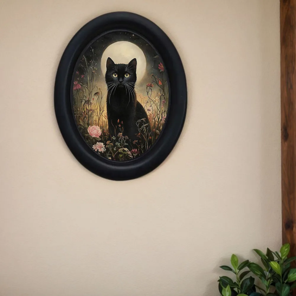 1 Piece Gothic Victorian Retro Moon Black Cat in Flowers Oval 3D Wall Art, Handmade Photo Transfer Three-Dimensional Wall Decoration Hanging Sign, Dark Ghost Room Wall Decor, Universal Holiday Atmosphere Wall Hanging for Halloween, Christmas, Thanksgiving - view 2