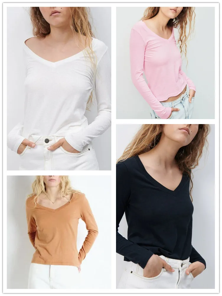 

5 Colors Women's Cotton Long Sleeve T-Shirt V-neck Slim Fit Ladies Bottoming Pullover Tee Top for Early Autumn