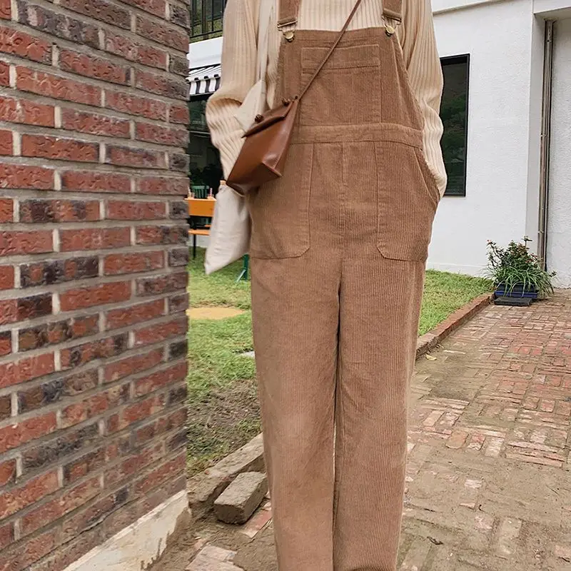 Braces Trousers Corduroy High Waist Women'S Multi-Pocket American Retro Loose Slim Versatile Casual Braces Trousers