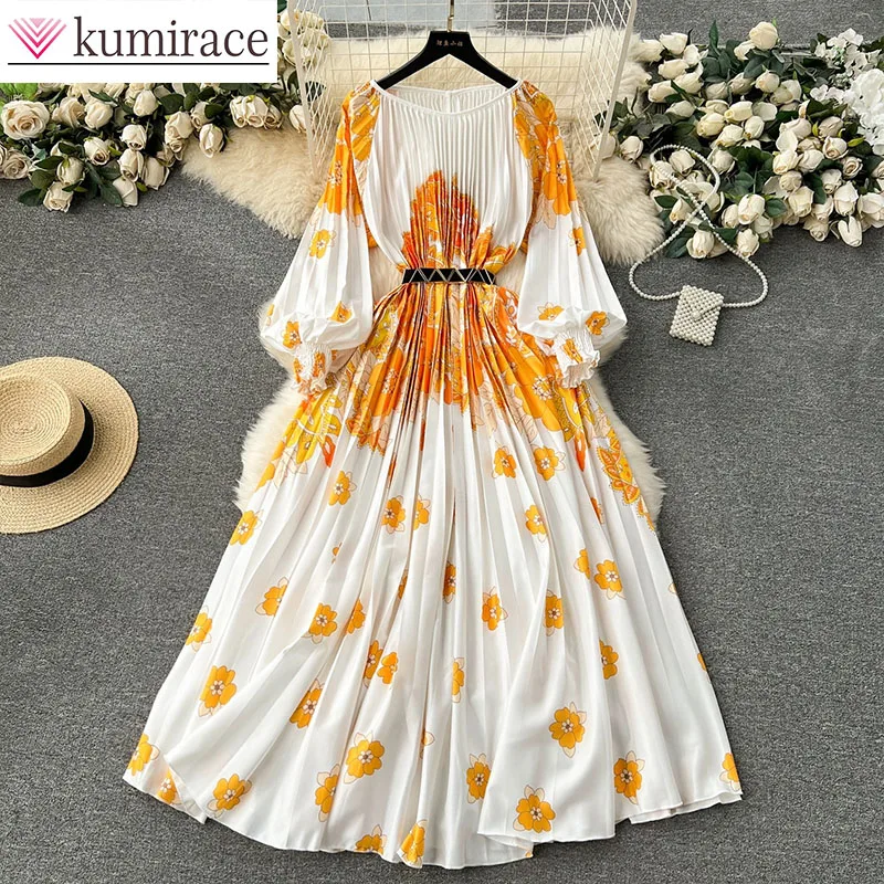 

2024 New Women's Long Dress with Oversized Print, Pleated Pleated Waist Belt, Vacation Skirt for Birthday Sclothes for Women