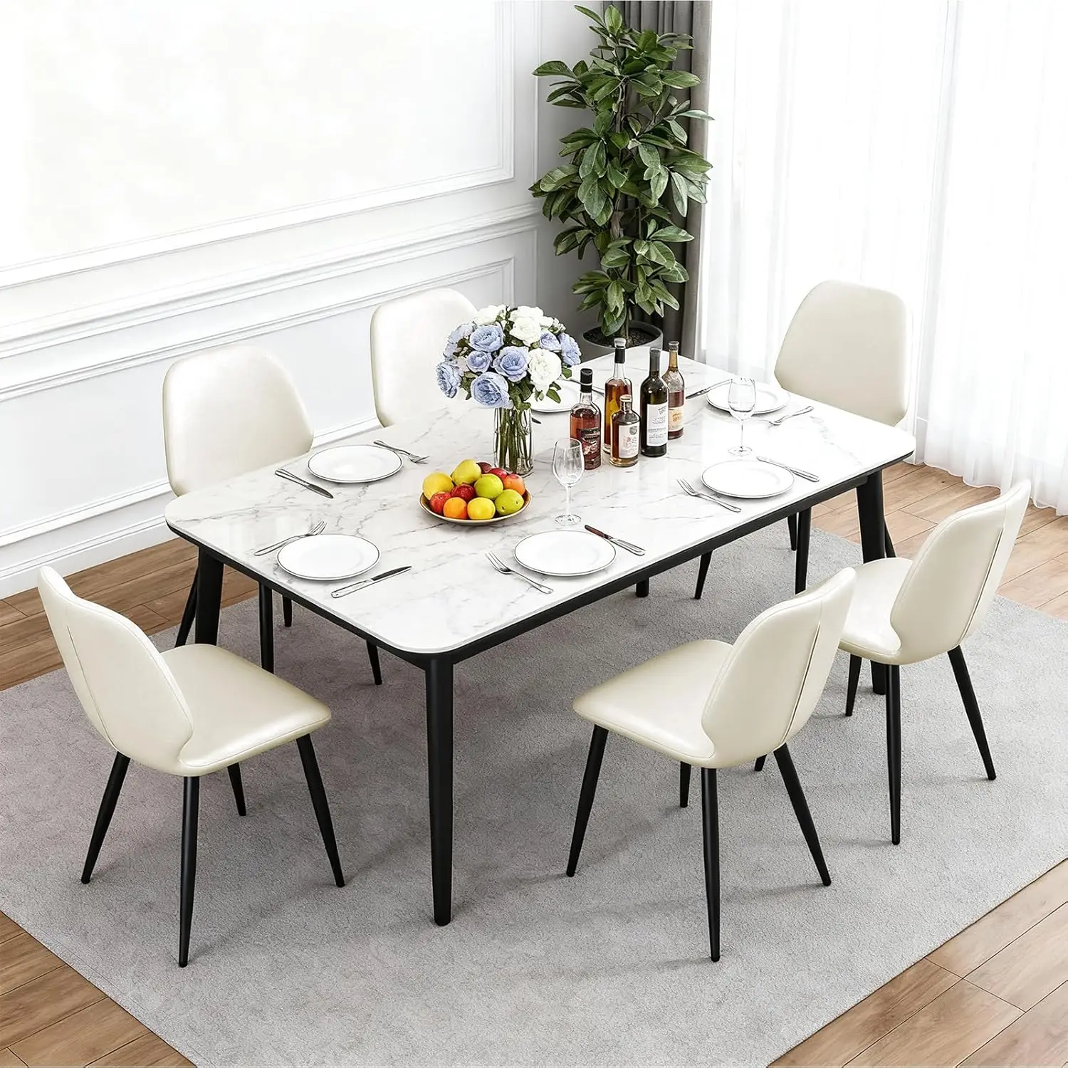 #Leather Dining Chairs Set of 6, Mid Century Modern Minimalist Upholstered Kitchen Chairs with Breathable Seat, Customized