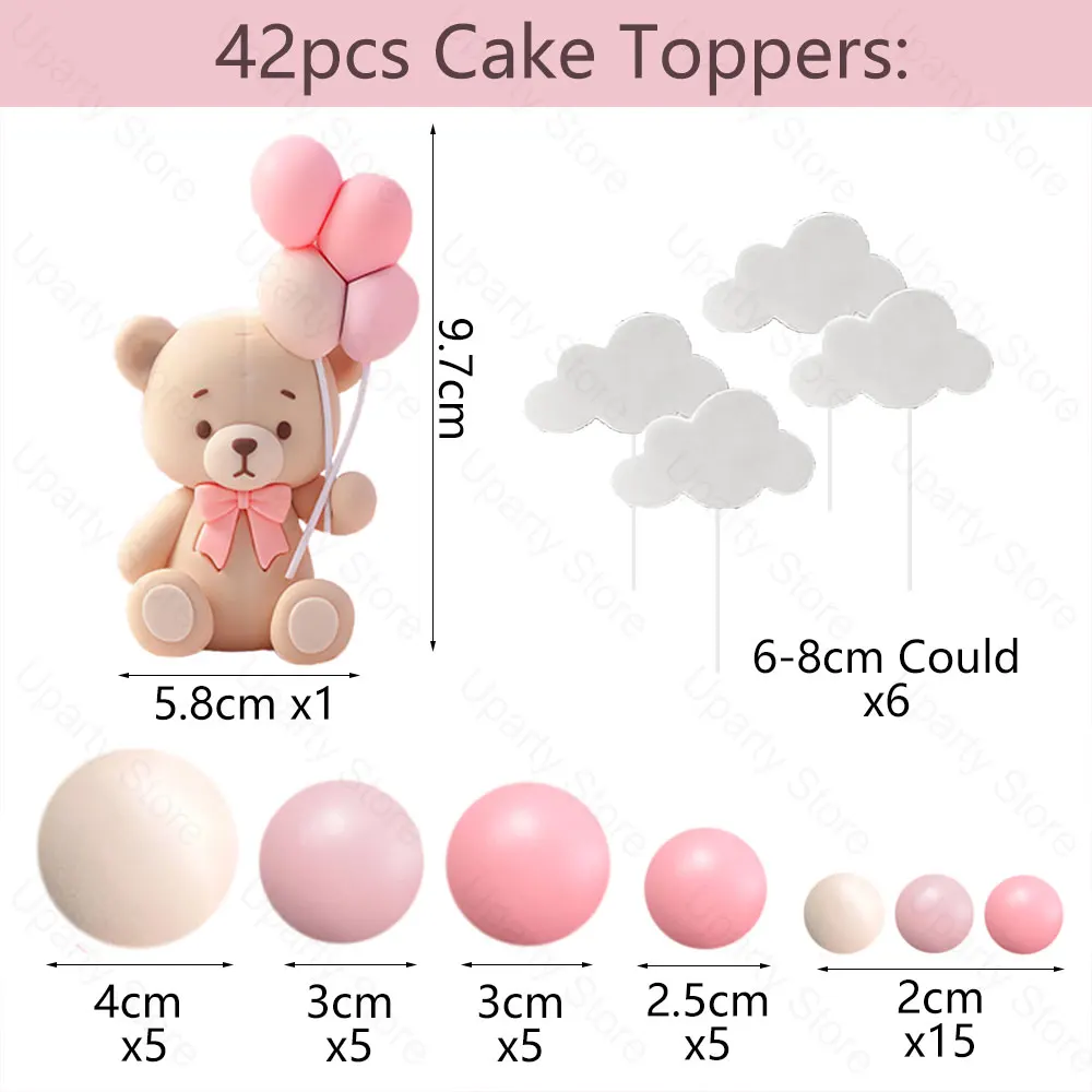 Luftballons Bär Kuchen Topper Erröten Rosa Kugeln Weiße Wolke Bär Halten Luftballons Kuchen Dekoration für Geburtstag Baby Dusche Dekor – Detail 2