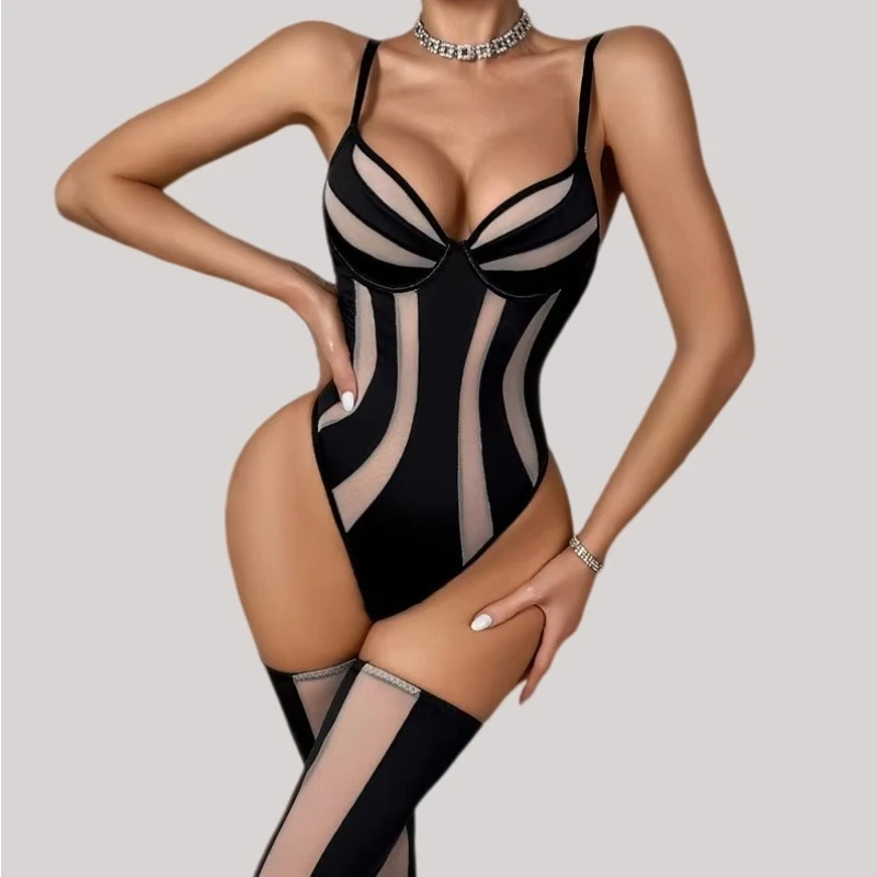 

Hot Sexy Sheer Net Bodysuit with Stockings 2 Pieces Sets Push-Up Bra Butt Lifter Striped Contrasting Jumpsuit Sexy Lingerie Sets