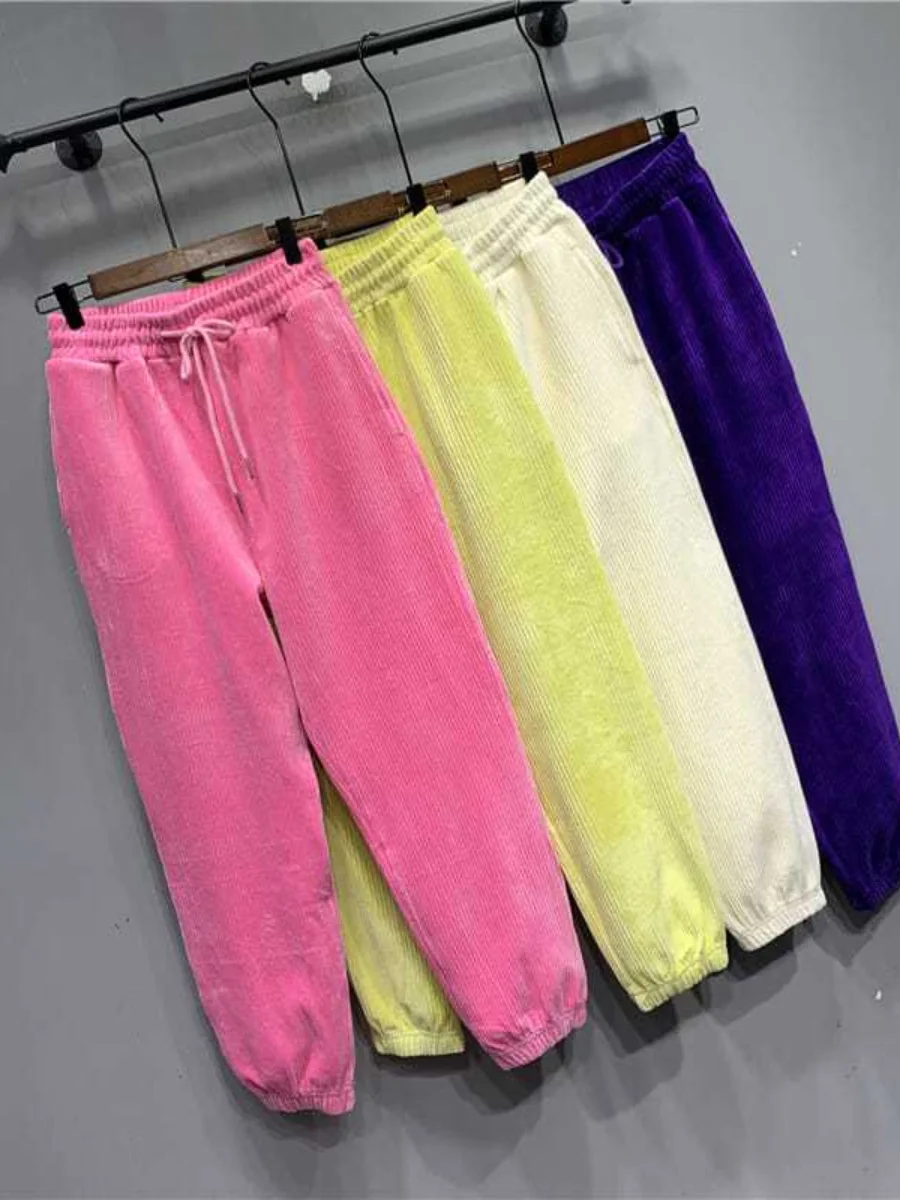 Winter 2023 Autumn New Fashion Sweatpants for Women Candy Color All-Matching Corduroy Lace-up Drawstring Pink Harem Casual Pants