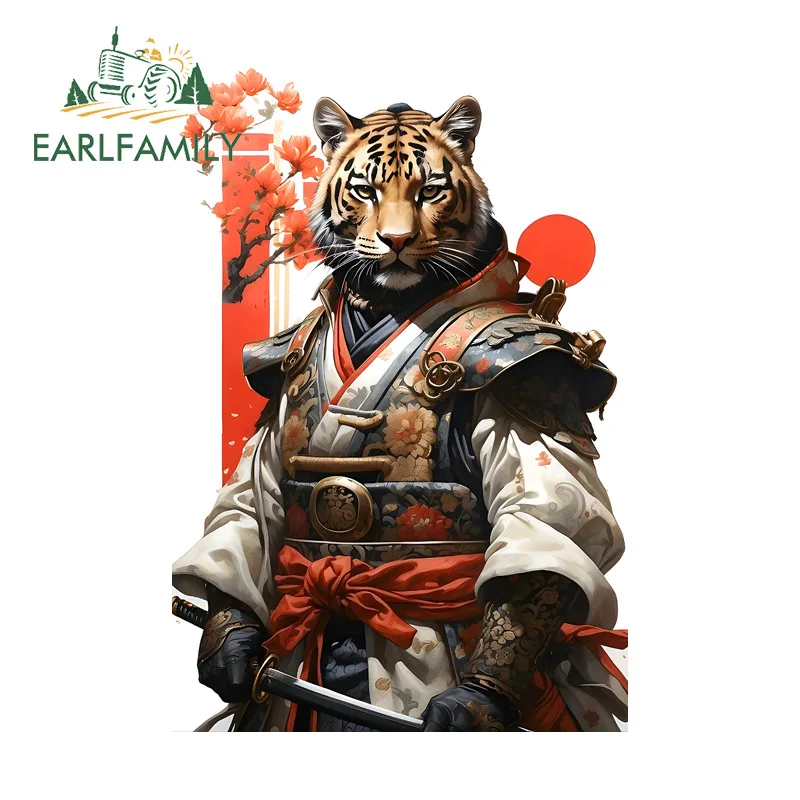 EARLFAMILY Japanese Tiger Samurai Cooler Car Sticker Waterproof Windshield Surfboard PVC Decals Scratch-Proof Car Accessories