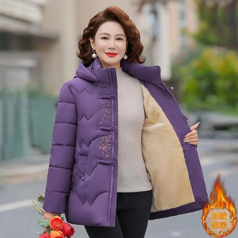 

Утолщенная флисовая женская хлопковая куртка с капюшоном и вышивкой, зимнее пальто в азиатском стиле для людей среднего и пожилого возраста