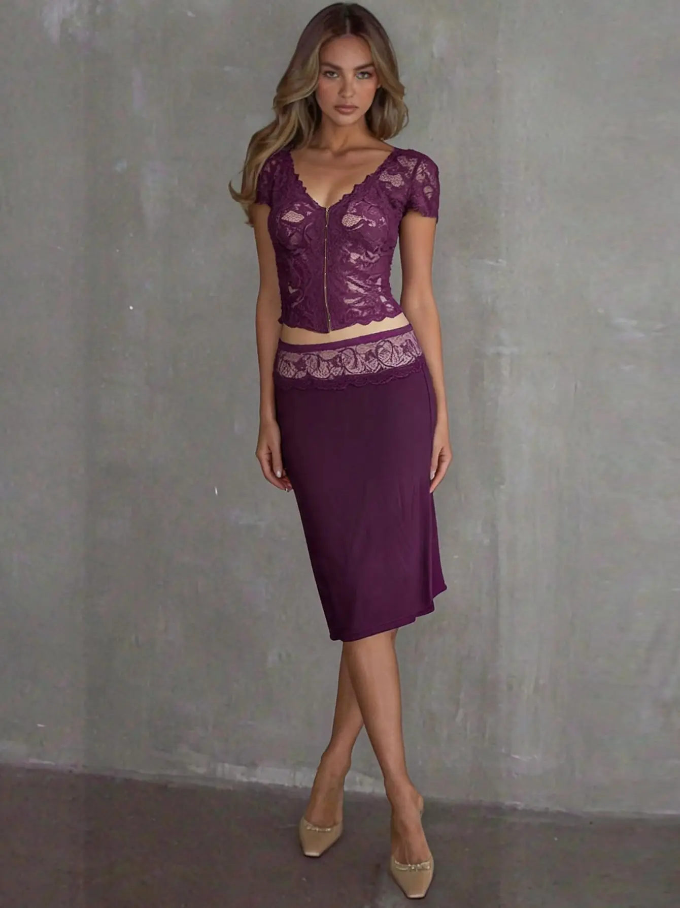 Dulzura Women Solid Sexy Causal 2 Piece See Through Lace Skirt Set V-Neck Short Sleeve T-Shirt Slim Fit Midi Skirt Matching Set