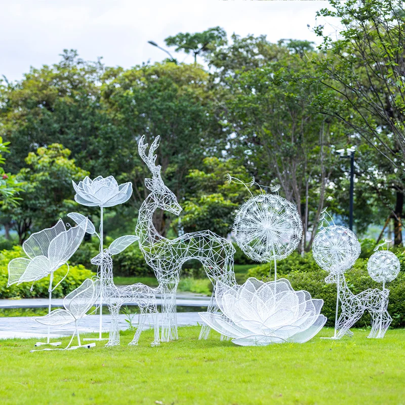 Outdoor stainless steel dandelion luminous wrought iron flower metal sika deer lawn decorative landscape sketch large sculpture