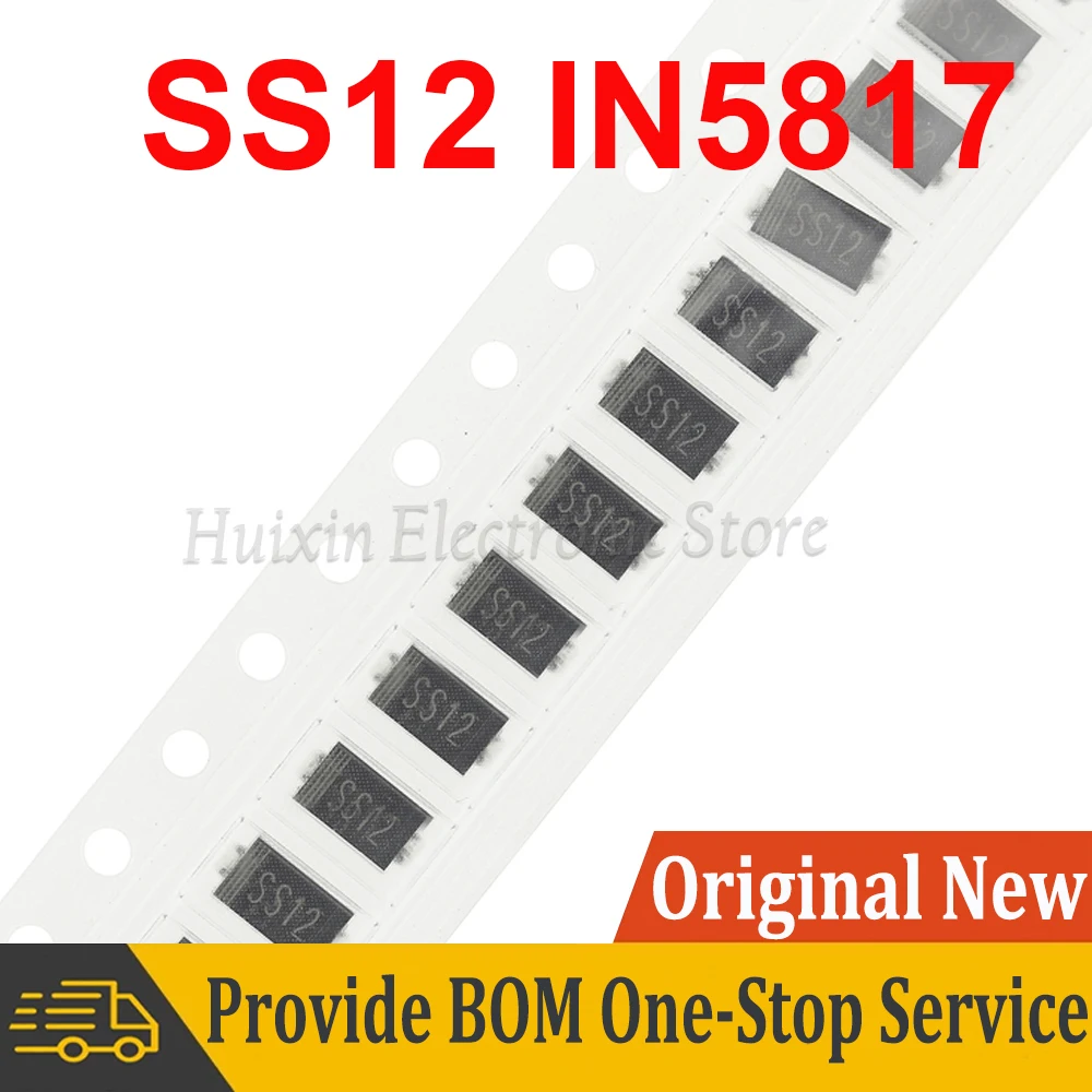 100pcs SMA 1N5817 smd 1A 20V Do-214ac IN5817 Schottky Diode SS12 New and Original IC Chipset