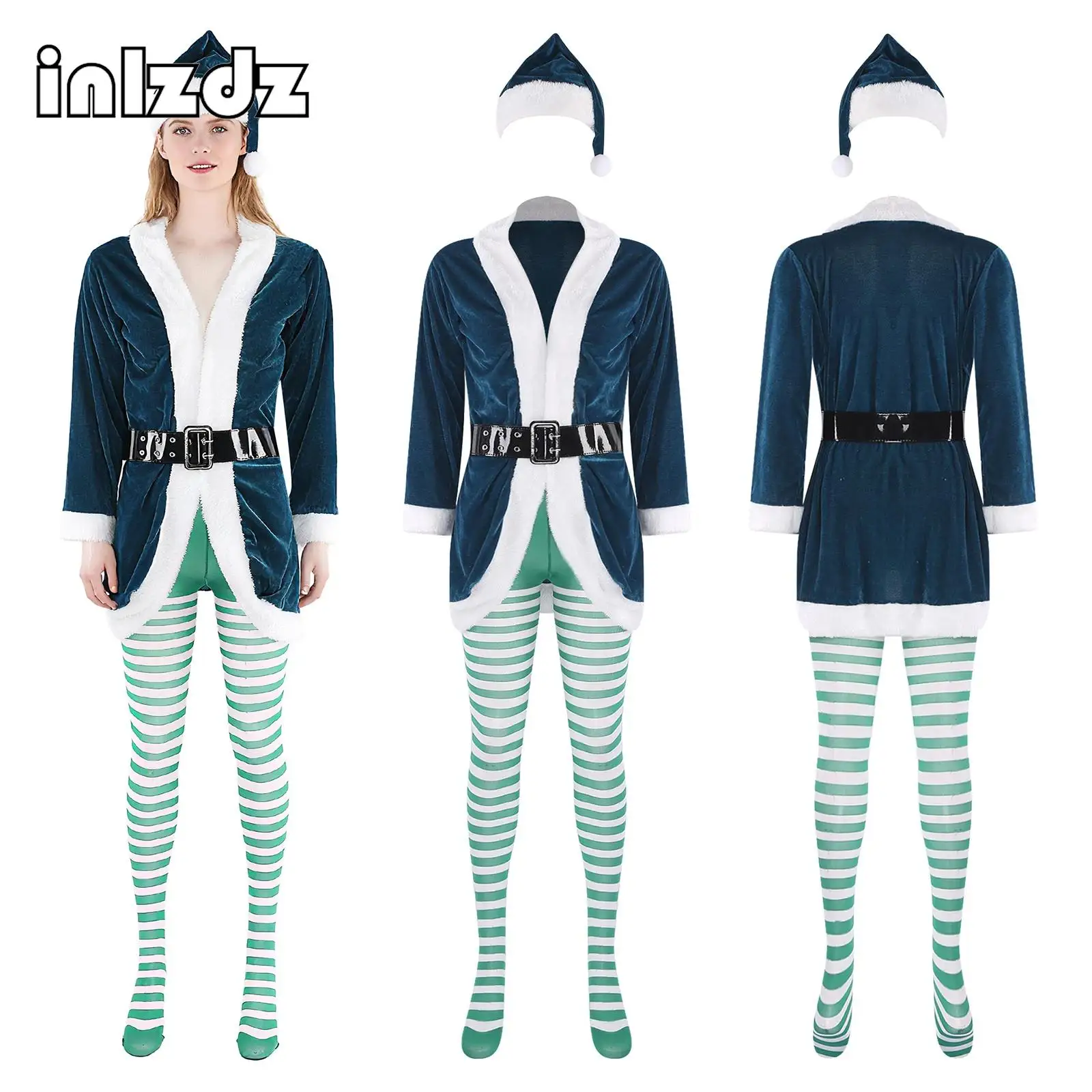 

Womens Mrs Santa Claus Christmas Elf Cosplay Outfit Long Sleeve Open Front Robe+Accessories 4-piece Set for Stage Performance