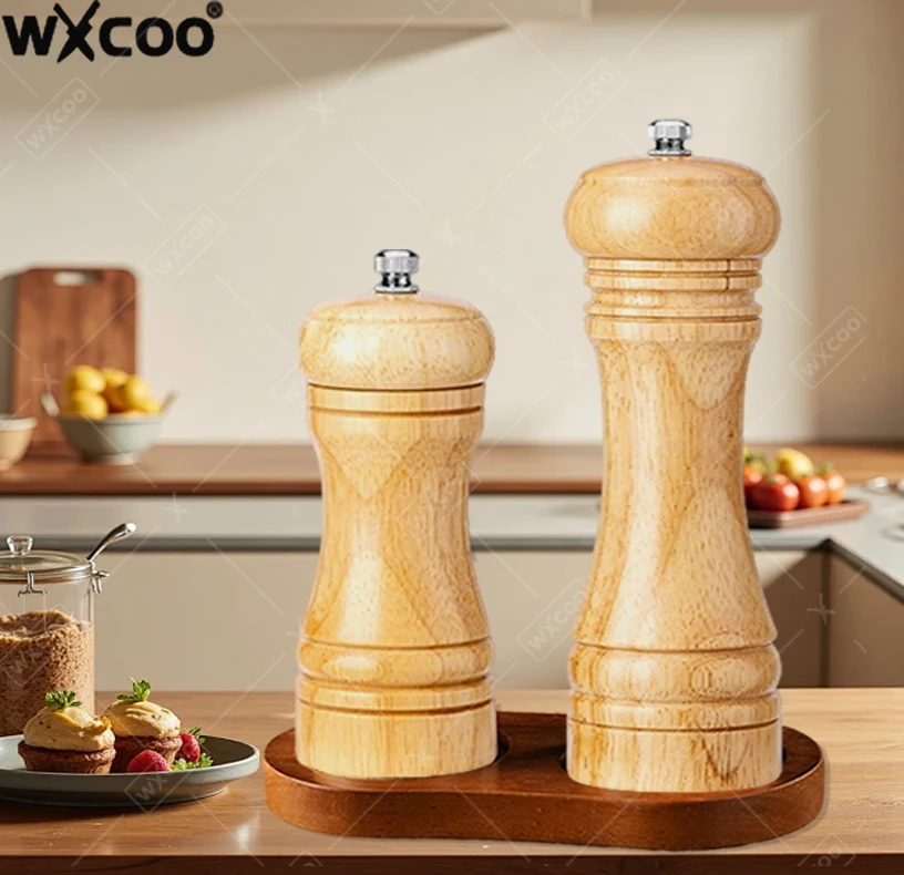 

Pepper Grinder Wood Salt and Pepper Grinder Shakers Kitchen BBQ Cooking Spice Shakers Adjustable Grinding Bottle with Base