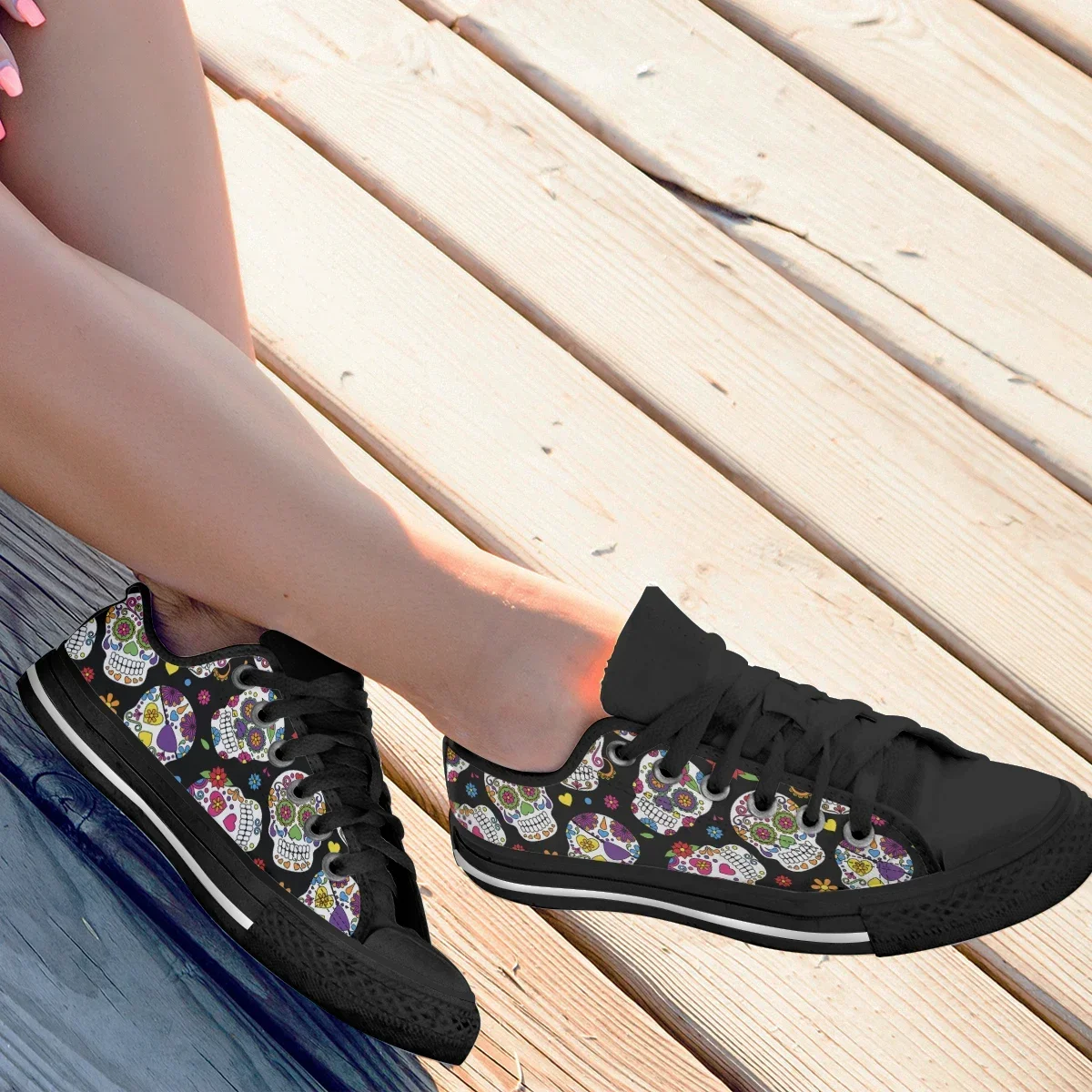 Black Candy Sugar Skull Print Canvas Sneakers Women Shoes Couple Canvas Shoe Casual Women Sport Shoes Lace-Up Flats