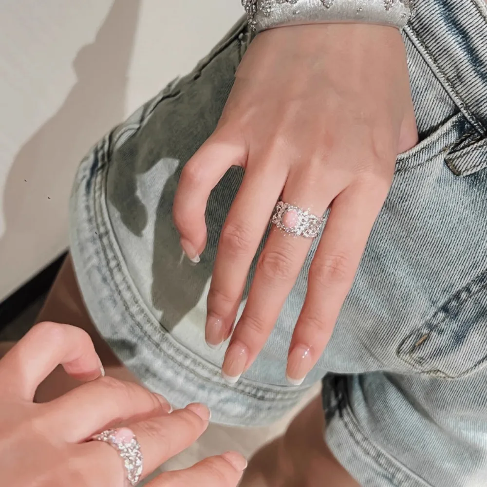 Light luxury exquisite silver 925 surround zircon hollow lace rings for women design delicate pink oval ring wedding jewelry